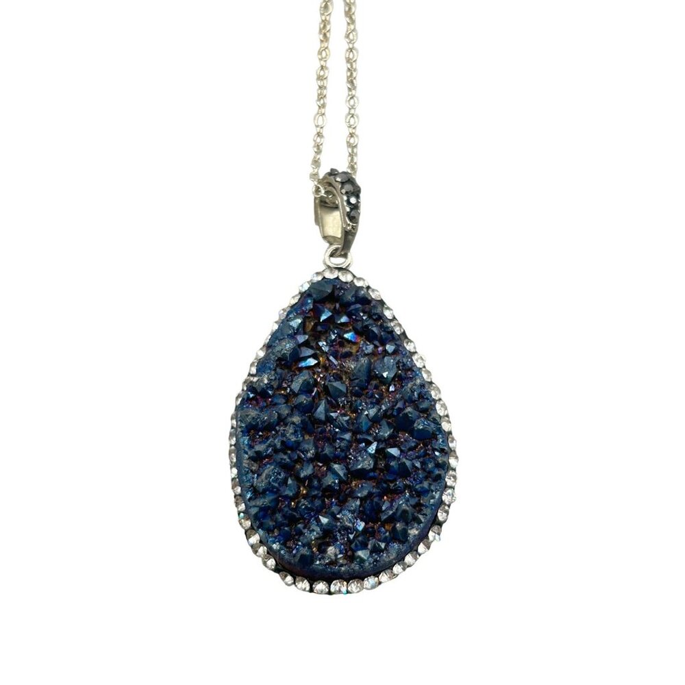 Stunning Blue Druzy Teardrop Pendant Necklace with Silver Tone Chain